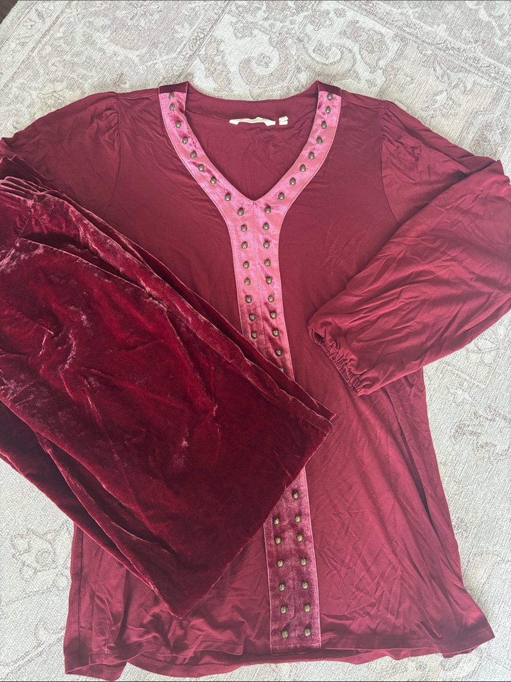 Soft Surroundings Burgundy Velvet-Trim Tunic Top & Pants Set